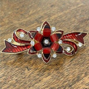 Red Enamel barrette rhinestones Christmas